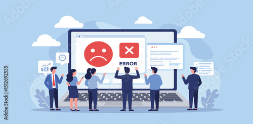 Computer outage, error or failure causing by software update mistake, operating system crash or cyber attack, server down or technical issue concept, people victims looking at computer laptop