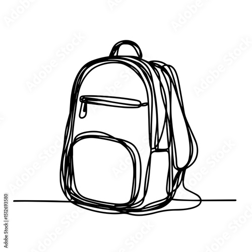 Minimalistic line art illustration of a backpack with a modern design against a clean white background, concept of school supplies or travel gear