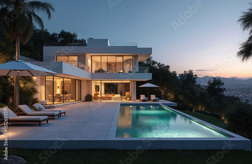 Luxury villa Beverly Hills with swimming pool. Modern building exterior design at sunset with lounge chairs. Vacation rental, apartment, modern house, real estate, vacation. Tropical palms, mountains