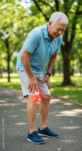 Elderly man in light blue shirt suffering from red inflamed knee pain outdoors