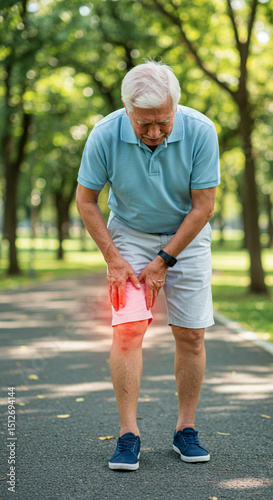 Senior man holding his knee in pain while walking through a park