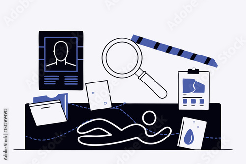 Crime scene investigation illustration, police tape, evidence markers, bloody footprints, and detective tools