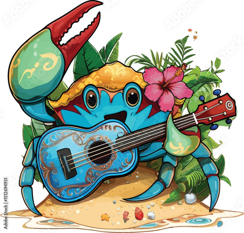 Crab Wearing a Shell Necklace and Sunglasses and vector