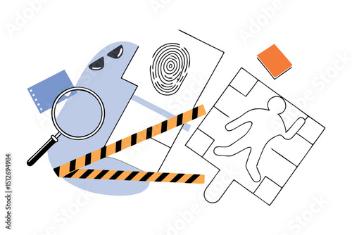 Crime scene investigation illustration, evidence, police tape and magnifying glass, detective work, vector art