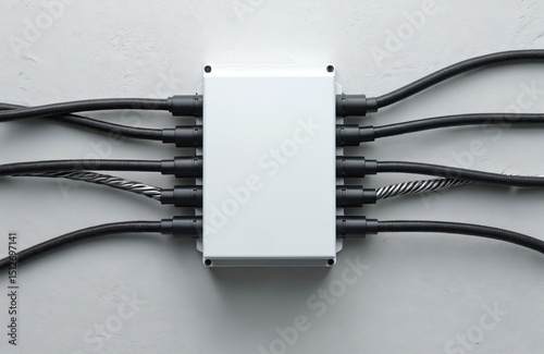 Electrical junction box with connecting wires. Black corrugated cable channels. Professional wire insulation, safe power distribution, industry technology, modern connect system.