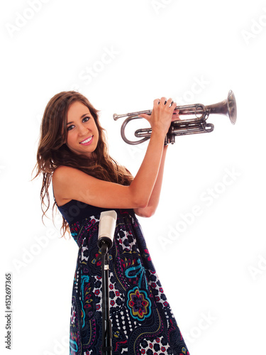 Young Teen Caucasian Girl Holding Up Old Cornet With Mic
