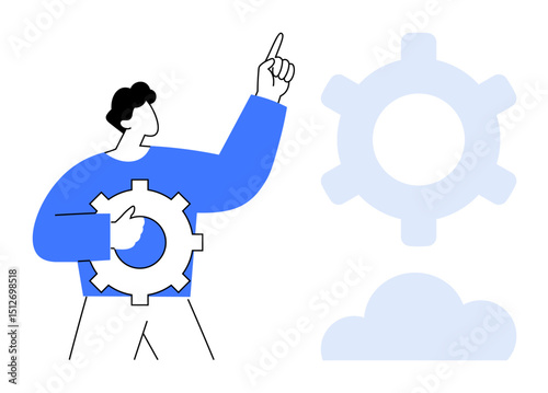 Individual holding gear element, pointing upward near cloud and gear shapes. Ideal for innovation, teamwork, mechanics, cloud computing, strategy, problem-solving and digital transformation. Flat