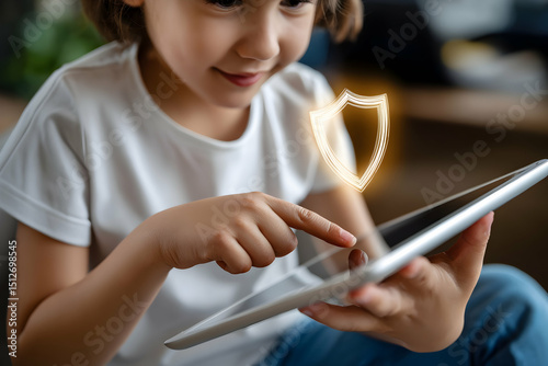 Child Engages With Tablet While Shield Icon Highlights Importance of Online Safety for Kids