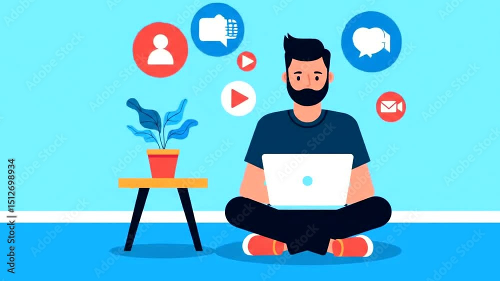 Man Working On Laptop While Sitting Cross Legged Illustration