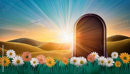whimsical paper cut style illustration of a sunrise behind an open tomb with soft rolling hills and flowers symbolizing rebirth new beginning hope resurrection