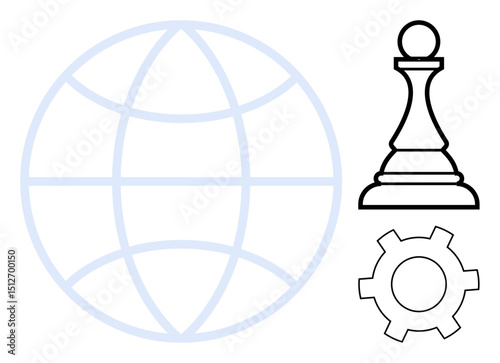 Globe representing worldwide connection, chess piece symbolizing strategy, gear for innovation and productivity. Ideal for business, leadership, globalization, problem-solving, decision-making