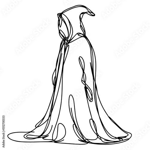 Outline drawing of a cloaked figure symbolizing mystery and the unknown, minimalist art style on a white background, concept of Halloween decorations or event planning