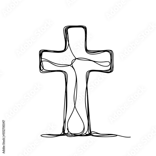 Simple line art cross illustration in black on white background symbolizing faith and spirituality, concept of religious organizations or landmarks