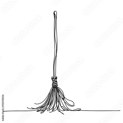 Line art broom in minimalist style with black outlines on a white background representing cleaning and home improvement concept of cleaning services or renovations