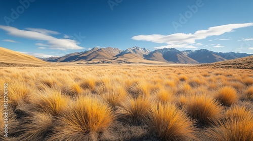 Golden tussock grass landscape with snow-capped mountains under a bright blue sky