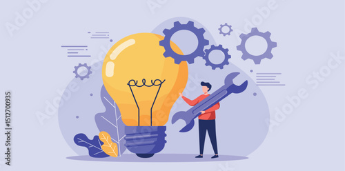 Innovation or product development, idea or solution to solve business problem, invention or technology creation to build new product, efficiency concept, businessman build gear