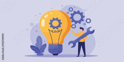 Innovation or product development, idea or solution to solve business problem, invention or technology creation to build new product, efficiency concept, businessman build gear
