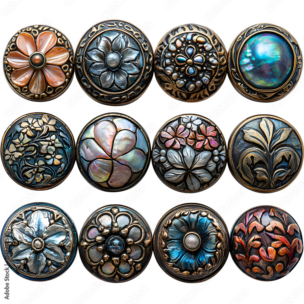 Rare Victorian button collection, 1880s mother of pearl, isolated on a white background Rare Victorian button collection, 1880s mother of pearl, isolated on a white background
