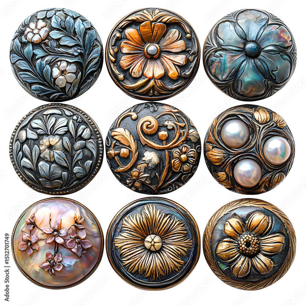 Rare Victorian button collection, 1880s mother of pearl, isolated on a white background Rare Victorian button collection, 1880s mother of pearl, isolated on a white background