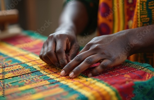 Close-up textile worker weaves vibrant kente cloth. Hands carefully work with loom, creating colorful patterns. African artisan, craft tradition, handmade design.