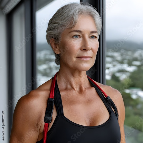 Mature woman in workout attire, looking out window