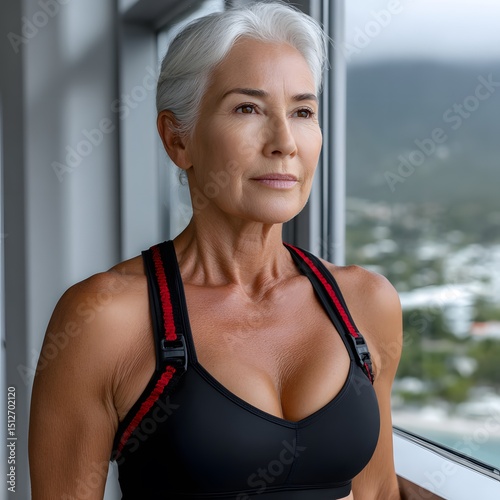 Mature woman in athletic bra, looking out window