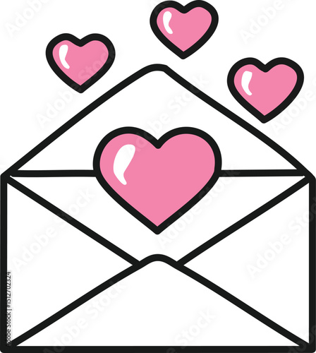 Hearts flying from envelope illustration. Party invitation flat line icon, romantic relationship. Valentines day greeting sign