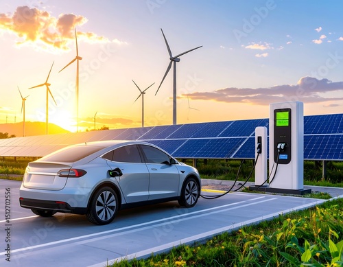 Electric car charging at sunset