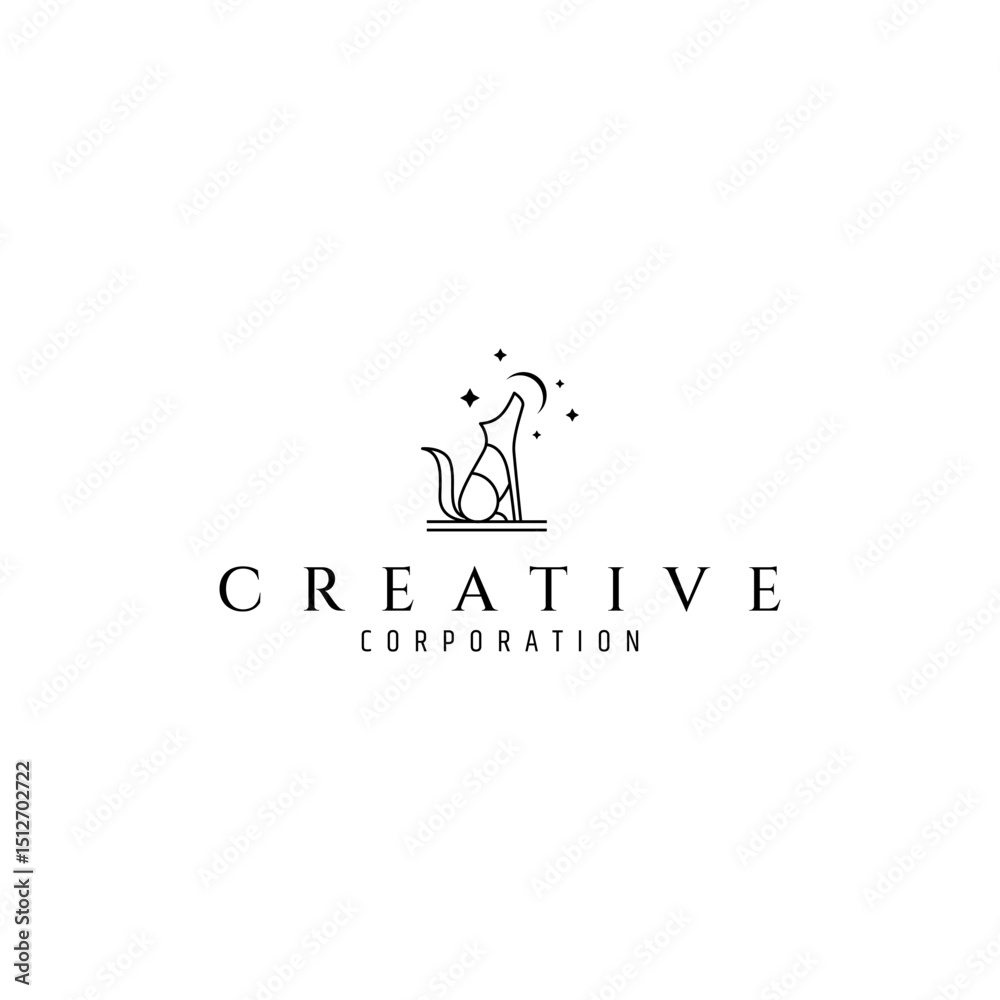 Obraz premium fox logo decorated with crescent moon and stars in line art design style