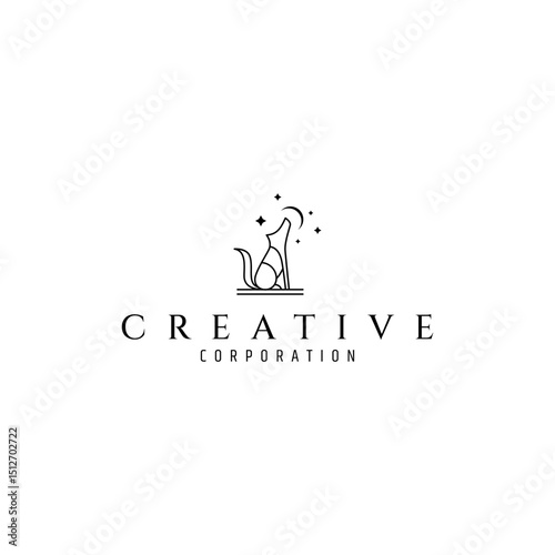 fox logo decorated with crescent moon and stars in line art design style
