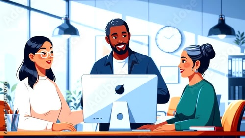 Team Working Together at Computer in Modern Office Animated Style