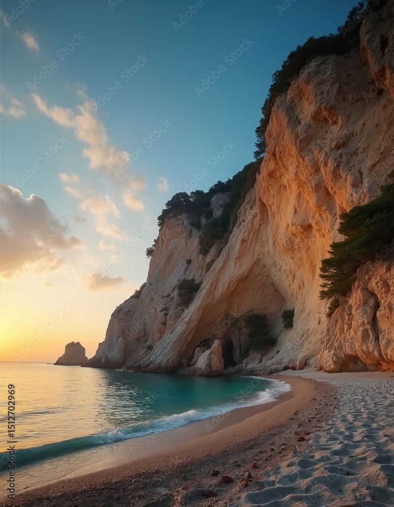 Naklejka premium Sunset beach with amazing rocky cliffs in Peroulades, Corfu island, Greece. Turquoise water, white sand, clear blue sky create tranquil scenic seascape. Coastal nature with stunning cliffs, exotic