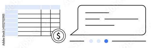 Spreadsheet table with currency sign beside it and speech bubble representing dialogue. Ideal for analytics, business strategy, communication, finance, teamwork, data sharing, simple landing page