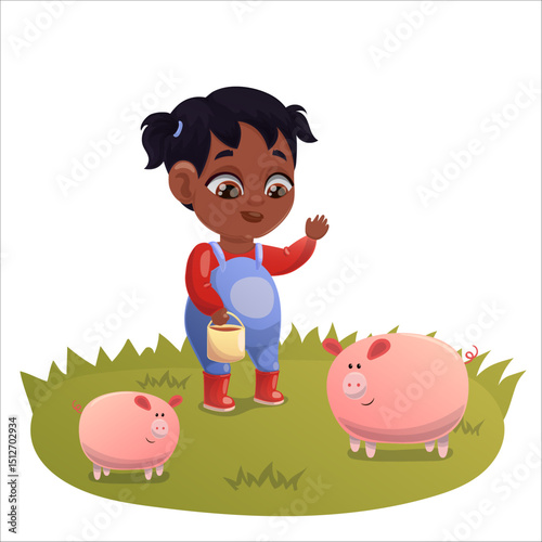 Illustration of a child doing gardening and animal husbandry
