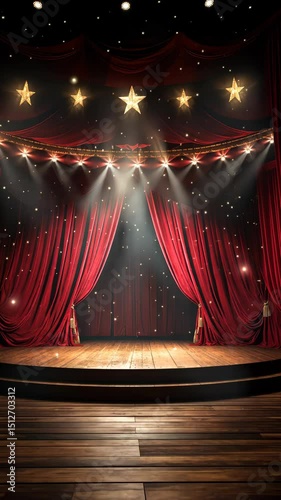 Vintage circus stage with red curtain, carnival lights, and spotlight in 3d cartoon style