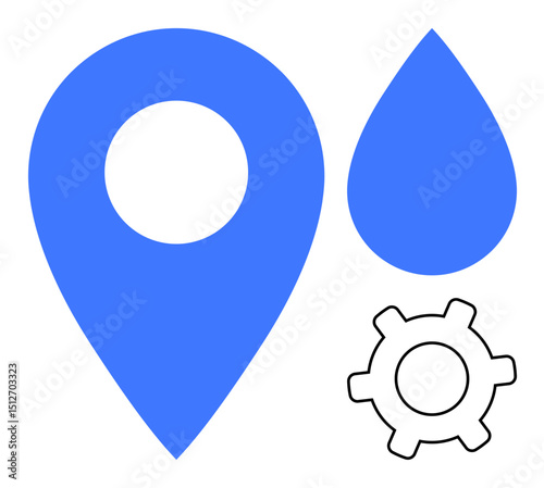 Blue location pin, water drop, and gear representing navigation, technology, and environmental care. Ideal for mapping, sustainability, development, innovation water conservation technology