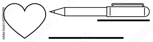 Heart shape next to a pen lying on two simple parallel lines, symbolizing love, writing, creativity, and emotion. Ideal for themes of connection, self-expression, passion, art romance