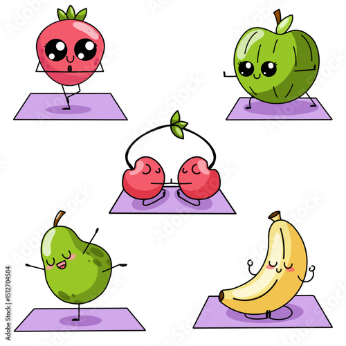Set of fruits doing yoga. Kawaii style