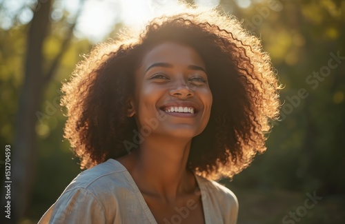 Smiling black woman with curly hair outdoors. Happy female portrait in park. Young afro-american girl with toothy smile, good mood. Joyful lady in sunshine.