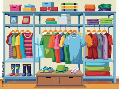 A clean vector of organized clothing shelves for kids, men, and women’s clothes, isolated on white background