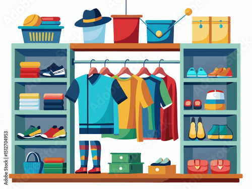 A clean vector of organized clothing shelves for kids, men, and women’s clothes, isolated on white background