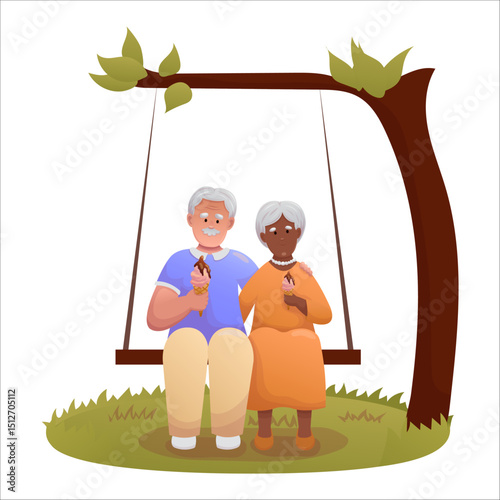 Cute elderly couple swinging on swing. Happy seniors spending time outdoors together