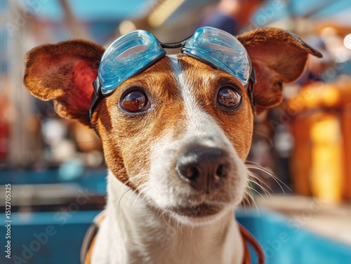 Dog wearing blue goggles wi...