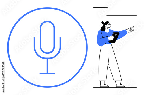 Microphone icon paired with woman holding tablet, pointing outward. Ideal for voice tech, presentations, podcasts, communication, AI, leadership enterprise. Great for a simple landing page