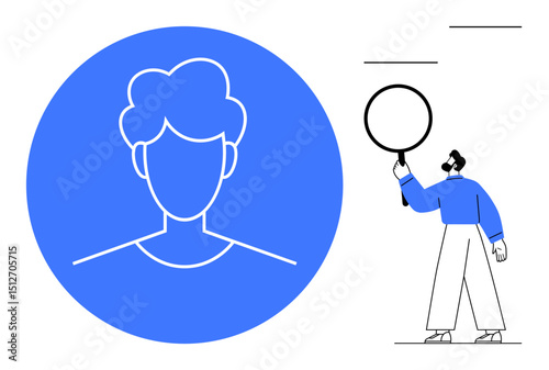Profile outline in blue circle beside minimal character holding magnifying glass. Ideal for identity, personal growth, recruitment, search, digital platforms, exploration, simple landing page