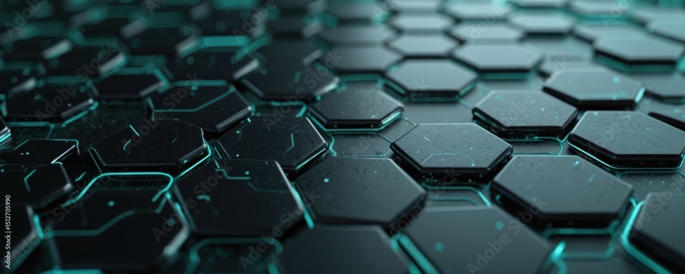 Fototapeta premium Abstract 3D illustration with a geometric hexagon pattern, dark metal layers on a technology style neon gradient background. Seamless honeycomb structure ideal for tech concepts, data visualization.