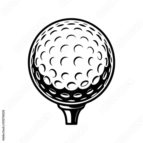 Detailed black and white illustration of a golf ball on a tee