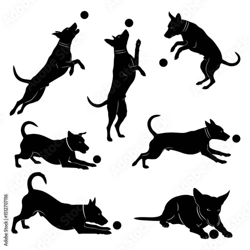 Set of dynamic dog silhouettes playing with balls in various action poses
