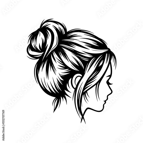 Black and white graphic depicting a sophisticated messy bun