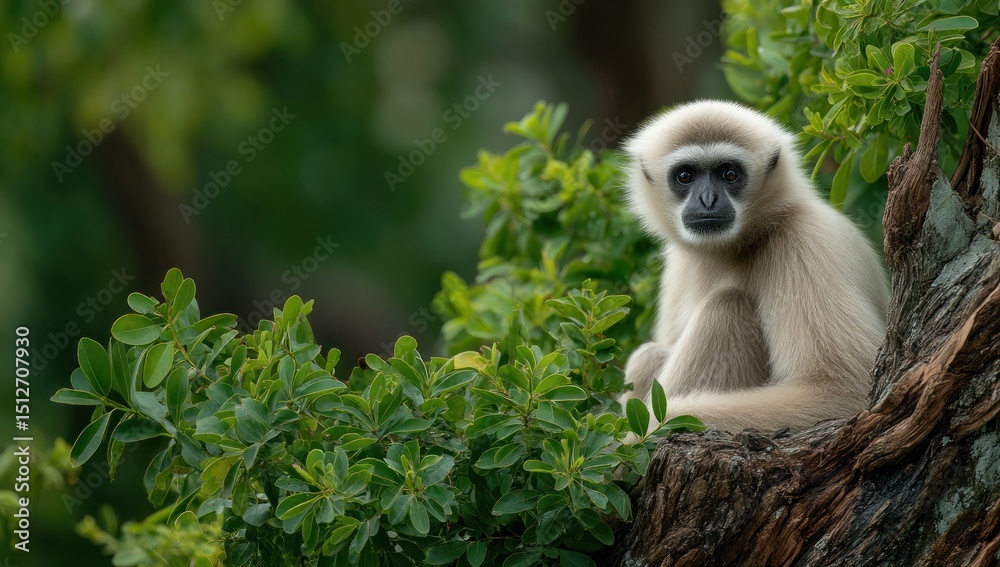 Obraz premium Elegant white gibbon perched amidst lush green foliage on a rugged tree branch